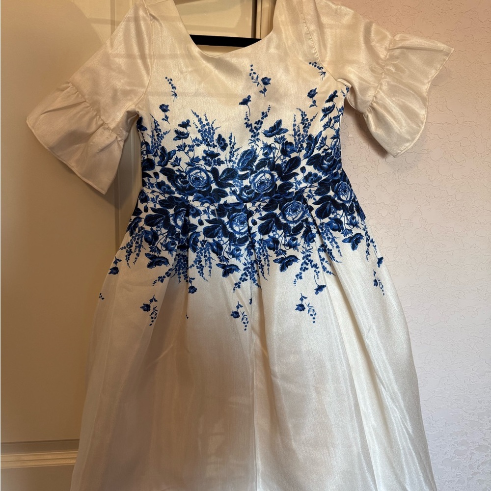 Janie and Jack Cream Dress with Blue Floral Design